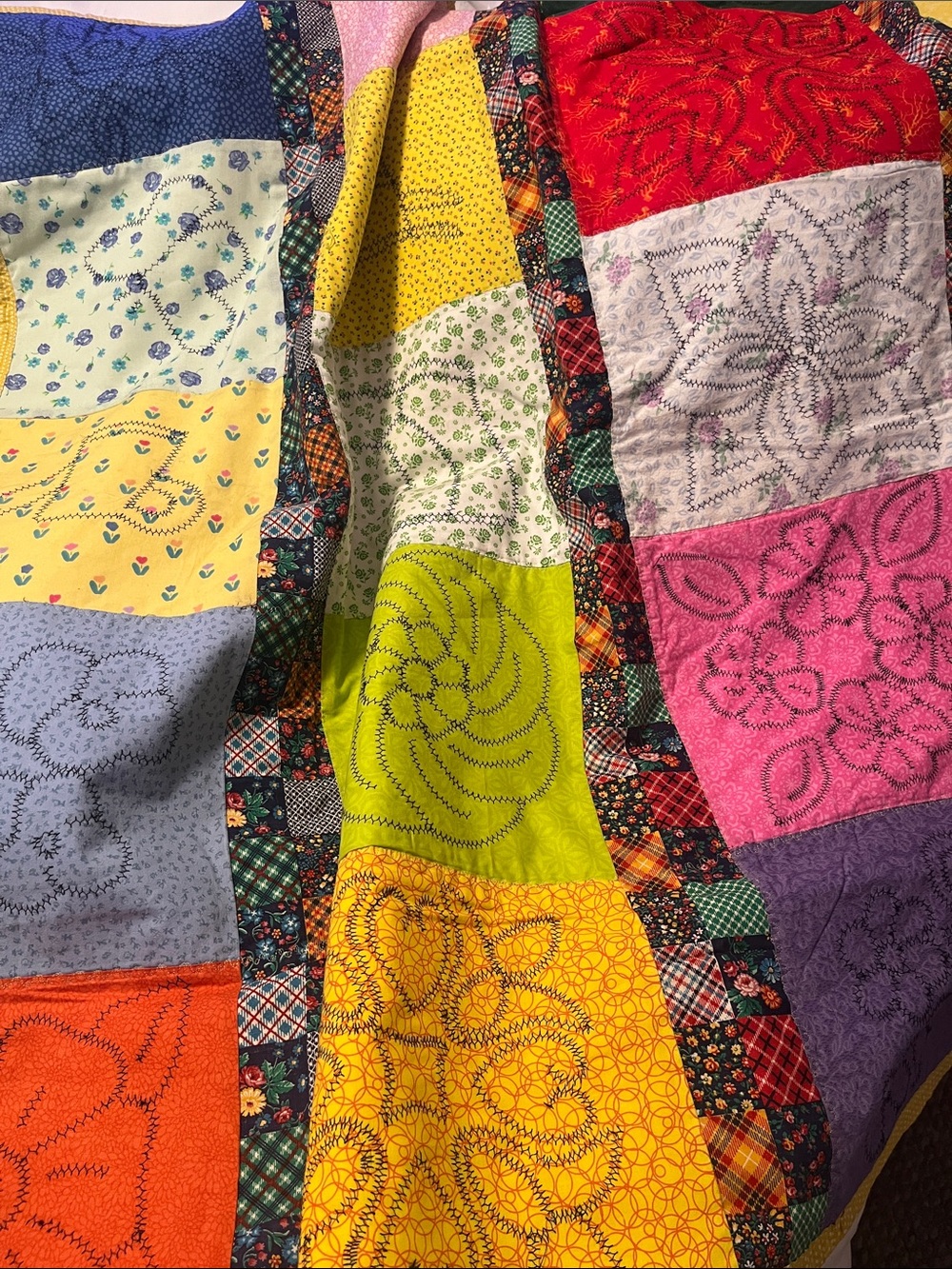 Handmade Colorful Quilted Wall Panel with Floral Motifs 53x59